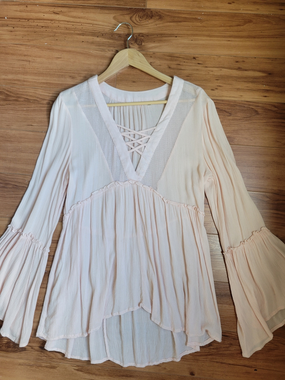 Light Blush Crinkle V-Neck Lace-Up Bell Sleeve Tunic